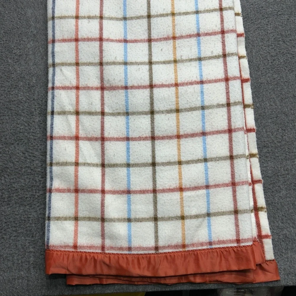 Vintage Plaid Acrylic Satin Trim Blanket Plaid MCM Retro Stevens‎ Utica 80x90
